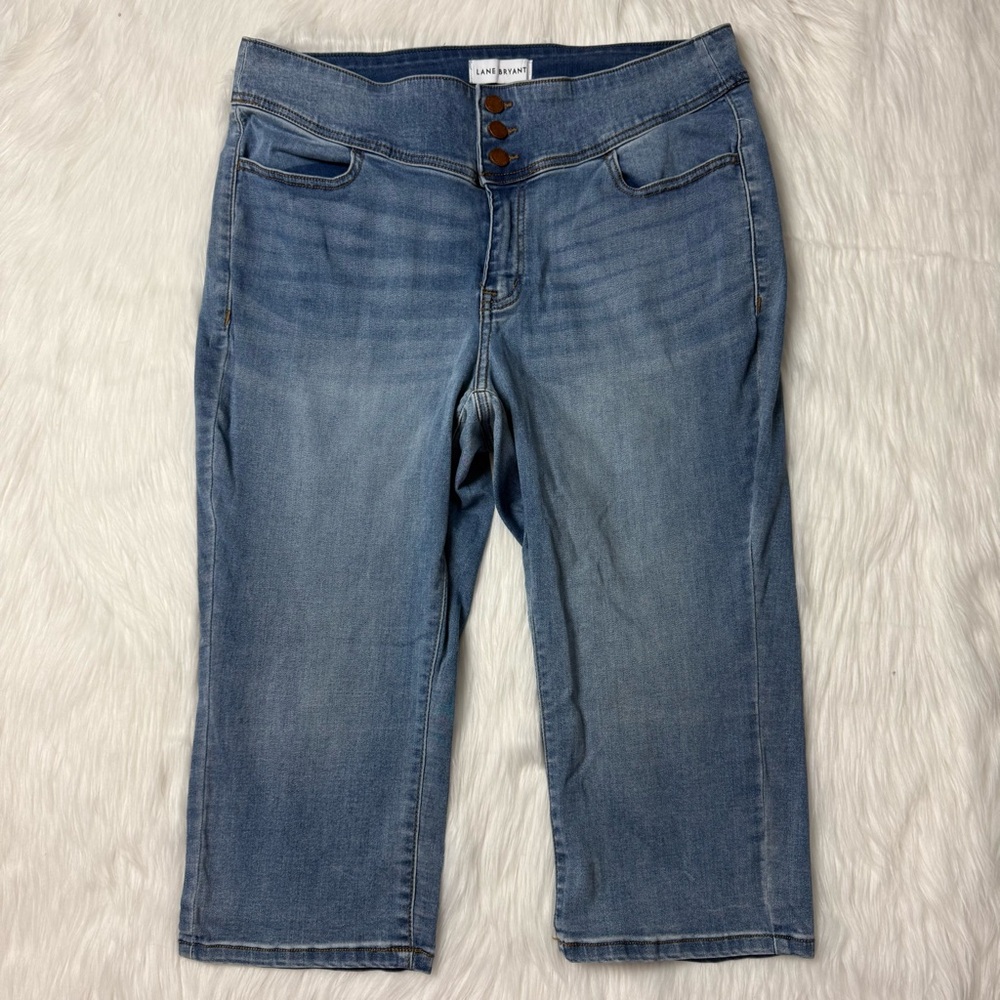 Lane Bryant High Rise 3 Button Pedal Jegging Cropped Jeans Blue Faded Capri